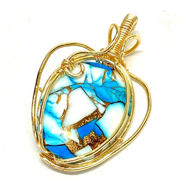 HANDCRAFTED Blue Dahlia Cabochon Hand Wrapped Pendant, Artisan Jewelry Gift Her - Picture 1 of 9